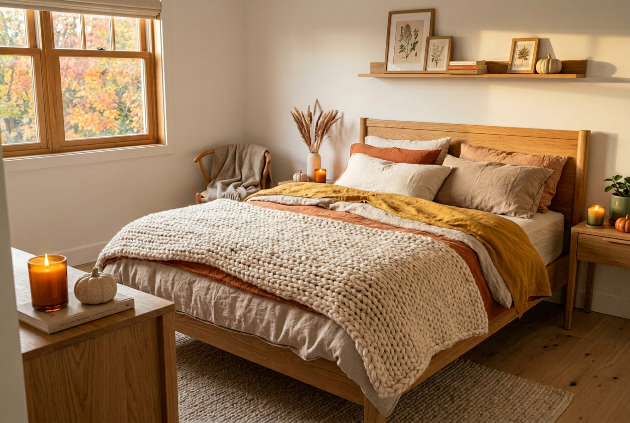 Scandinavian bedroom with seasonal decor, dried pampas grass, pumpkins, and glowing candles
