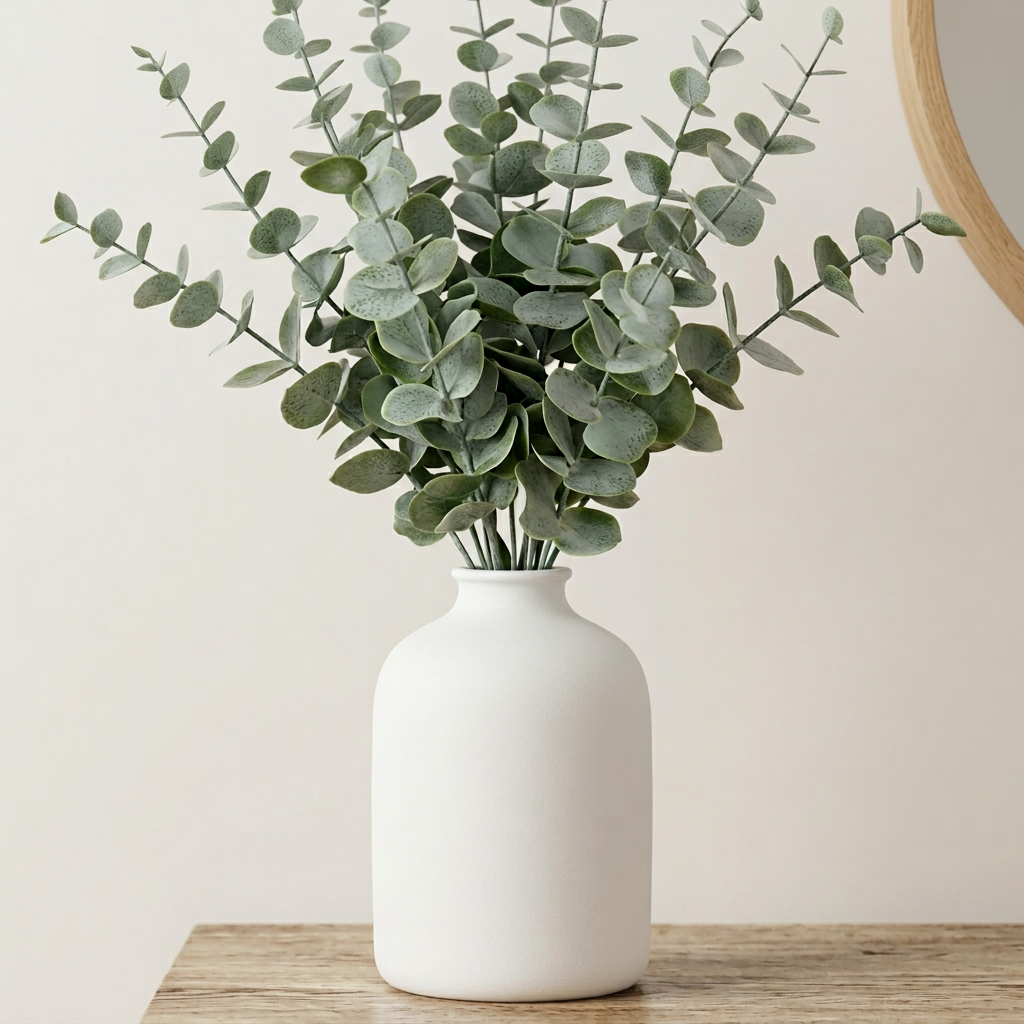White ceramic vase with eucalyptus stems styled on a Scandinavian entryway shoe cabinet.