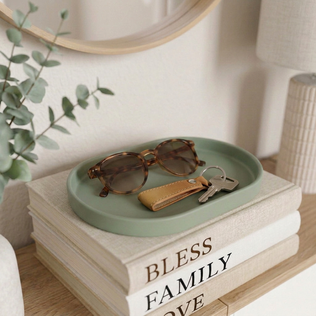 Sage green catch-all tray holding keys and sunglasses on a small Scandinavian entryway shoe cabinet.
