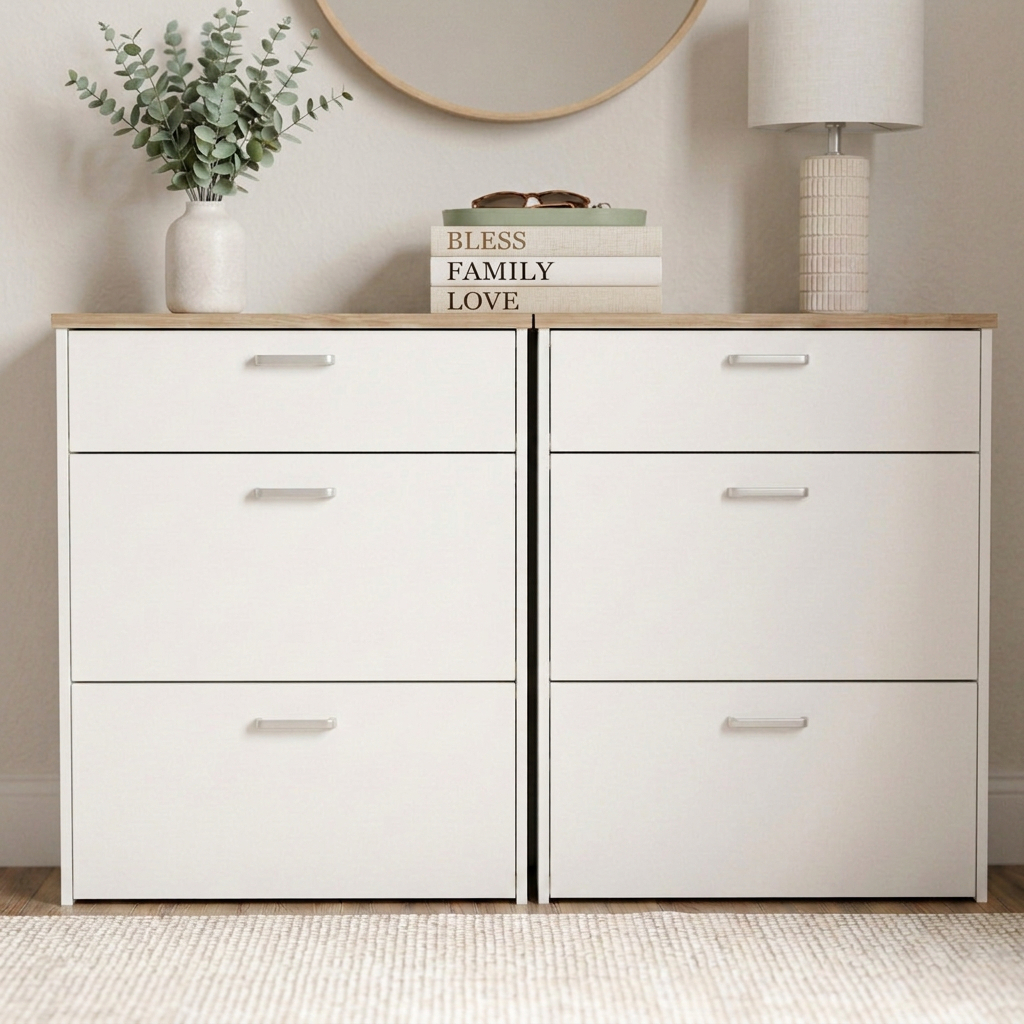 Scandinavian entryway featuring oak surfaces, white shoe cabinets, ceramic décor, eucalyptus, linen lamp shade, and a woven runner rug.