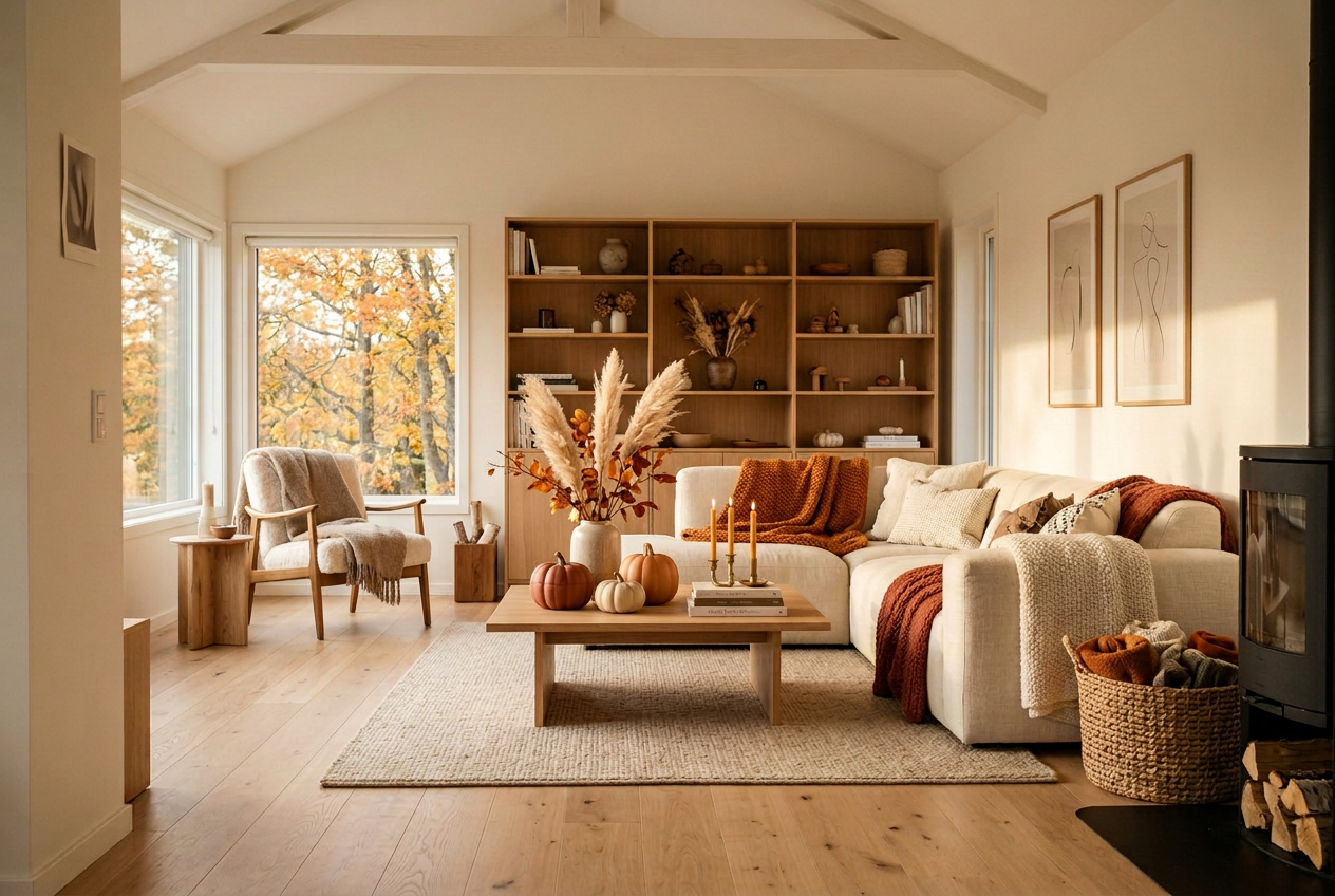 Neutral autumn living room with ceramic pumpkins and candles, seasonal decor