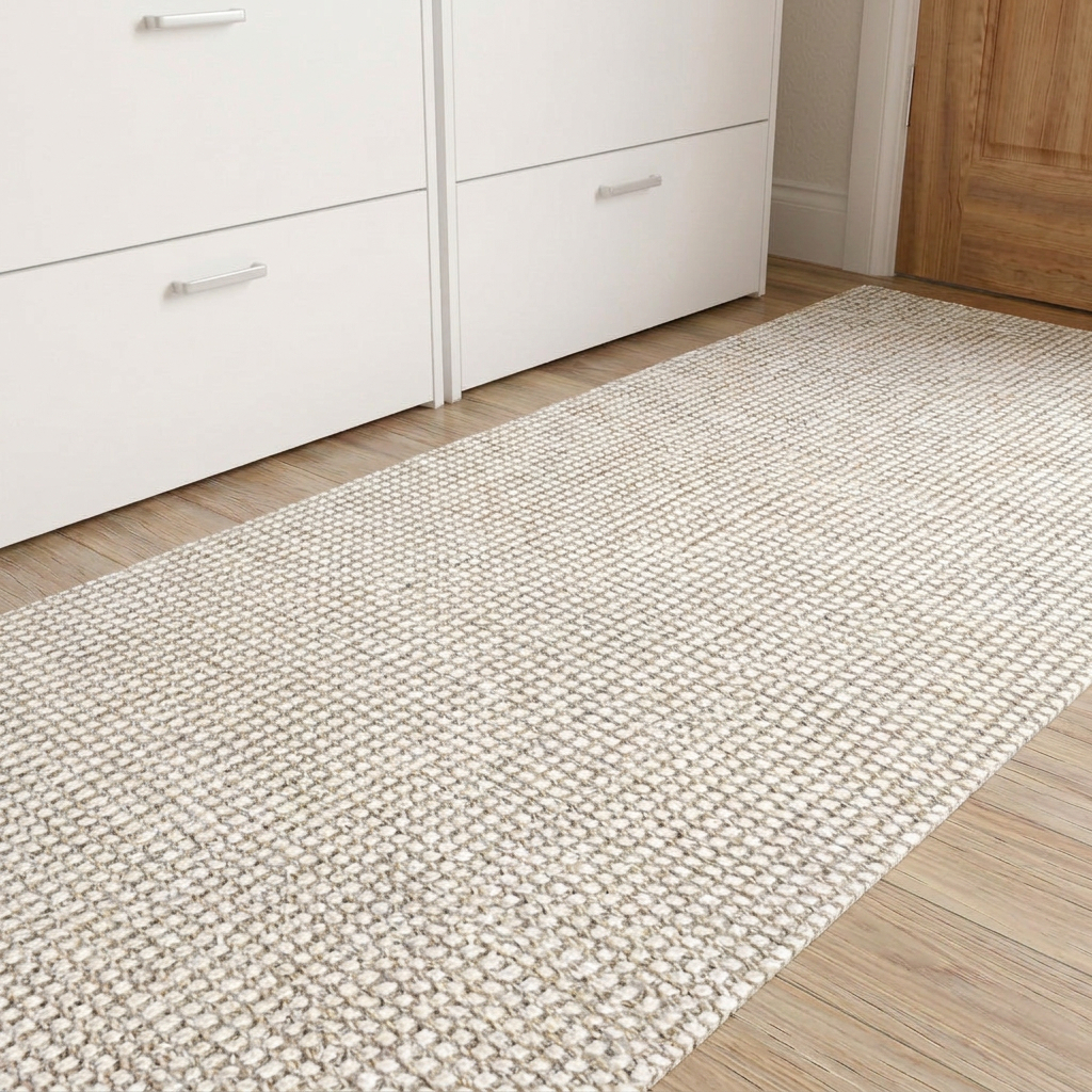 Neutral woven runner rug defining a small Scandinavian entryway with white shoe cabinets and oak flooring.