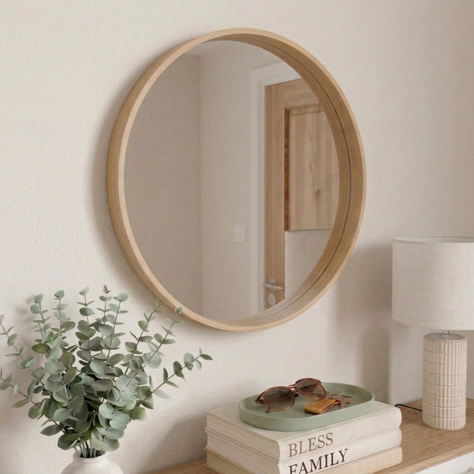 Round oak-framed mirror above a Scandinavian entryway shoe cabinet with neutral décor and warm lighting.