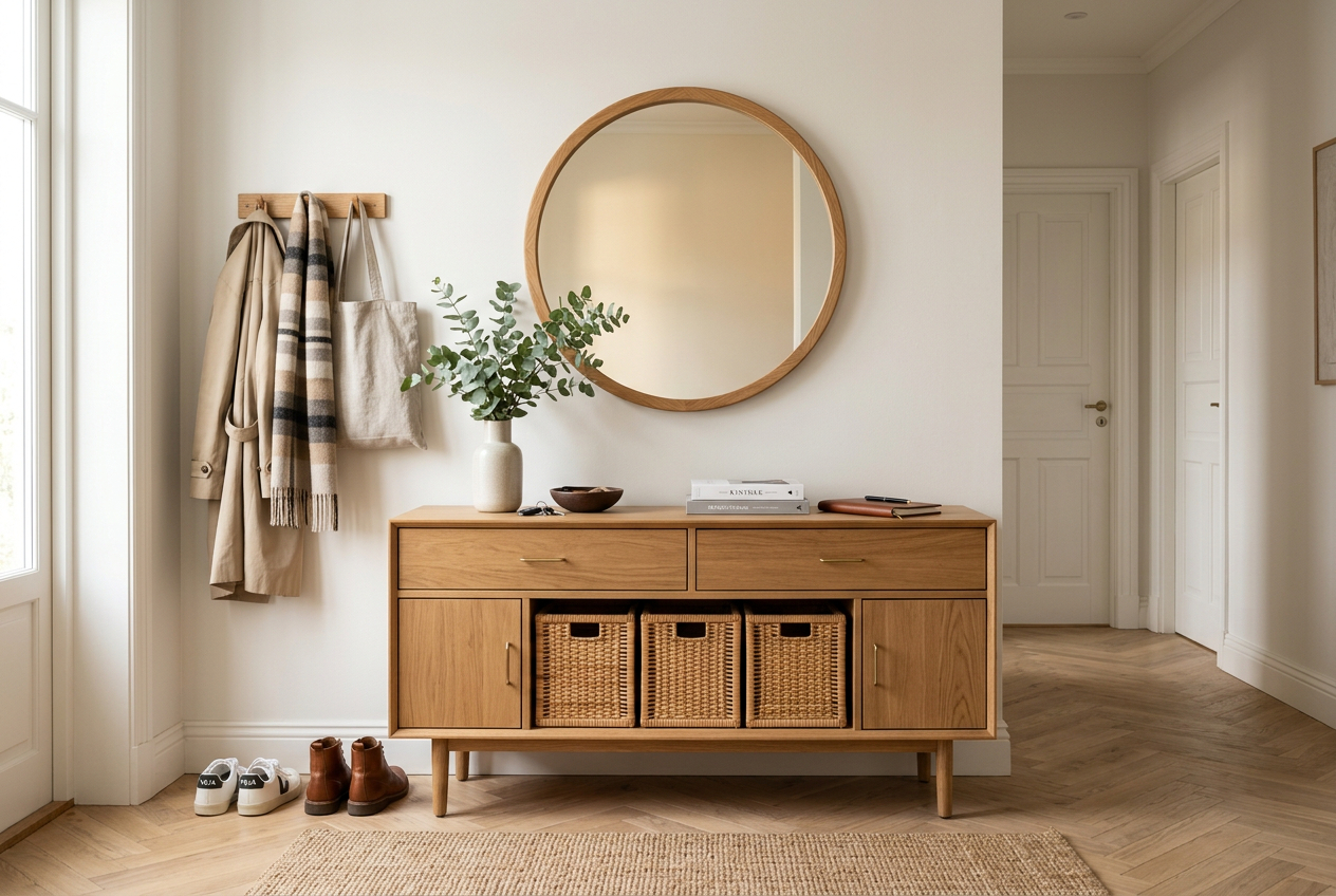Scandinavian apartment entryway with functional styling and storage