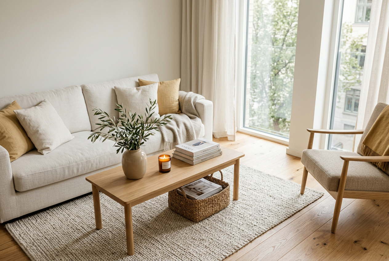 Bright Scandinavian apartment living room featuring an off-white sofa, oak coffee table, cozy armchair, olive branches, and natural daylight.