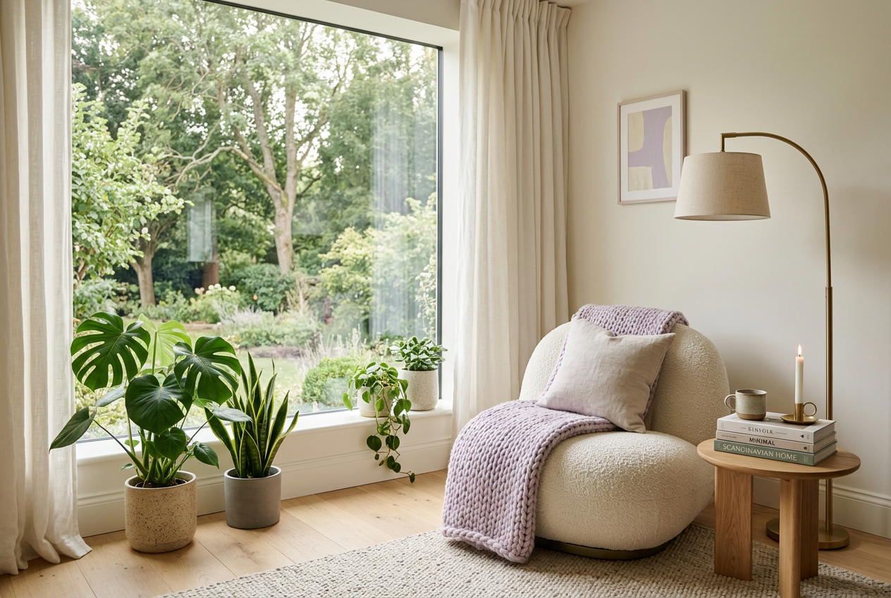 Scandinavian Reading Nook, accent chair, floor lamp, and indoor plants