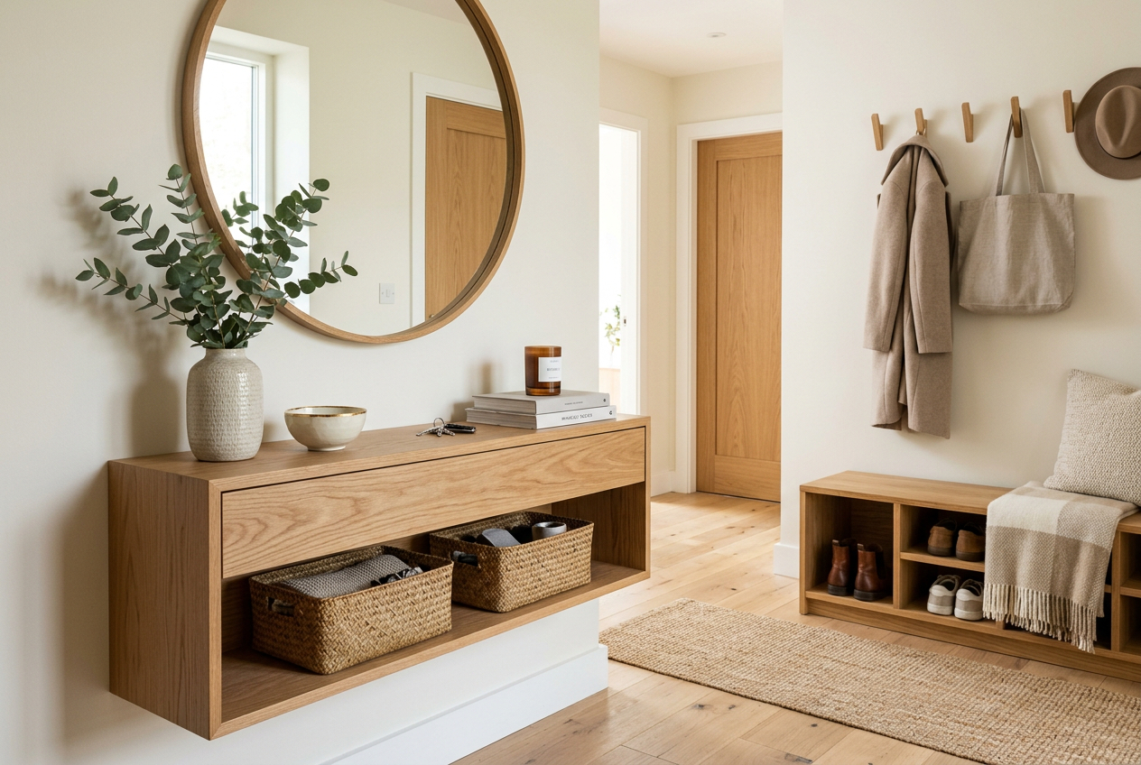 Scandinavian entryway storage, woven baskets and oak decor