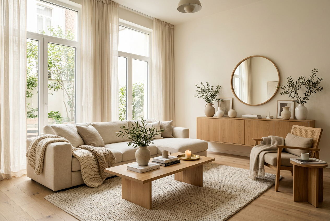 Scandinavian living room with natural daylight, oak furniture, and textured accents