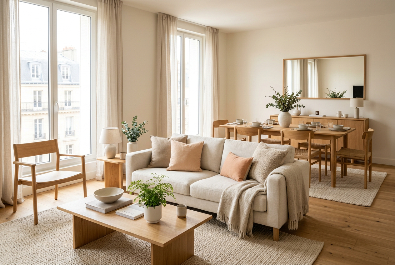 Scandinavian interior featuring open-style living room and dining area decorated with oak furniture, woven rugs, ceramics, and large windows filled with natural daylight, an inviting everyday atmosphere