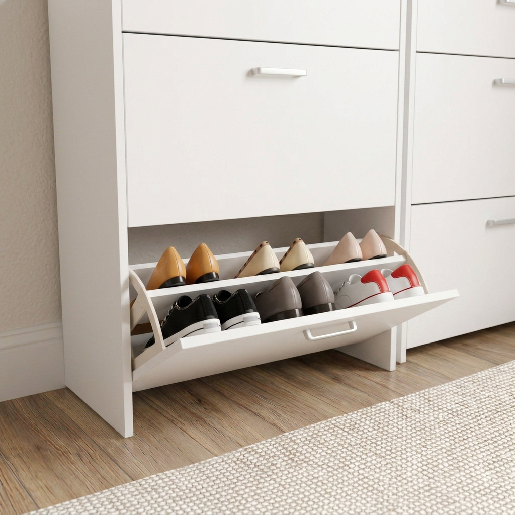 Slim white shoe cabinet with oak top storing everyday shoes in a small Scandinavian entryway.