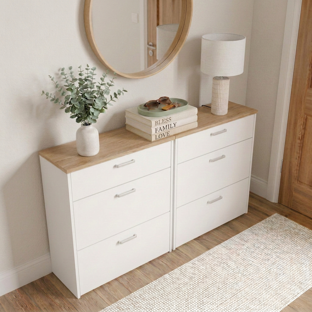 Small Scandinavian entryway with white shoe cabinets, round oak mirror, neutral runner rug, ceramic lamp, eucalyptus vase, decorative books, and a sage green tray.