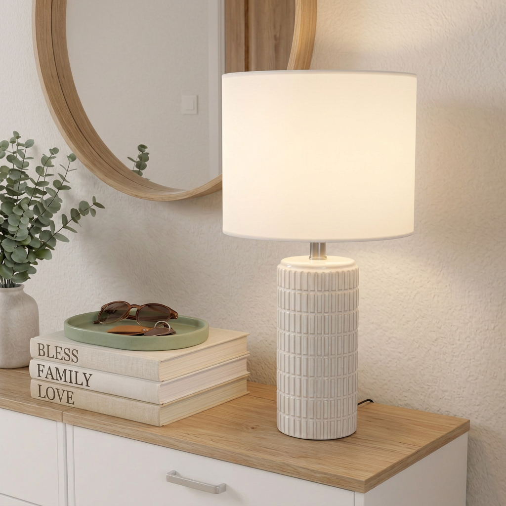 Warm ceramic table lamp on a Scandinavian entryway shoe cabinet with a round oak mirror and neutral décor.